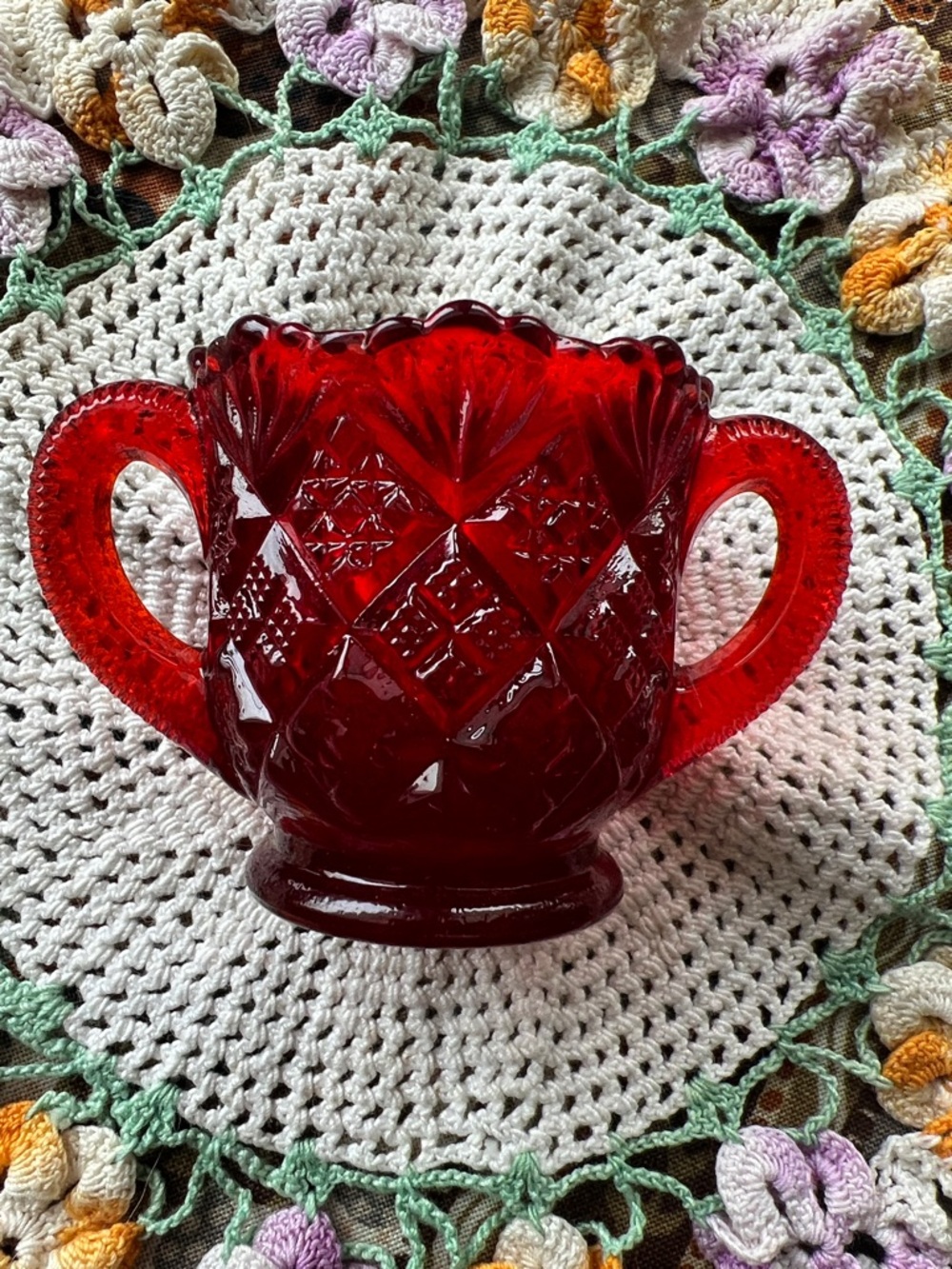 Westmoreland Ruby Red Pressed Glass Sugar/Toothpick/Trinket Bowl with Handles